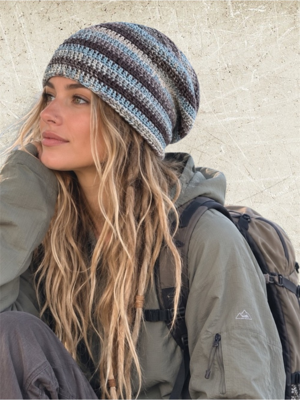 HAND CRAFTED Crochet Slouch Beanie NEW Arctic Blue & Gray